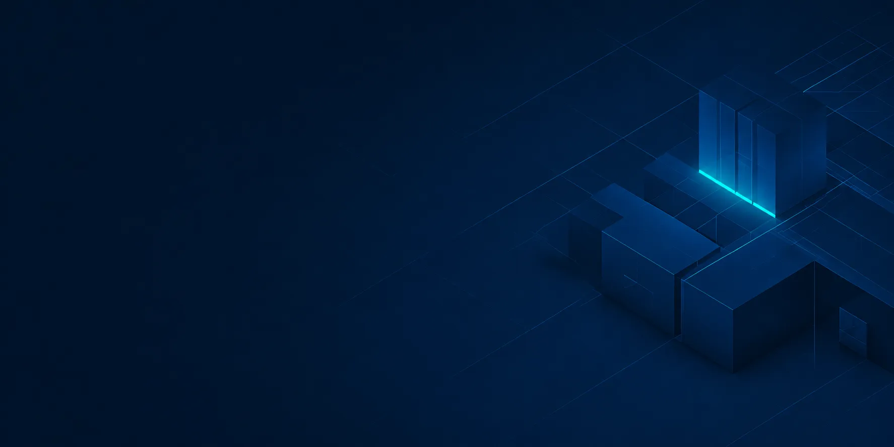 Isometric teal-lit cubes on a deep navy field.